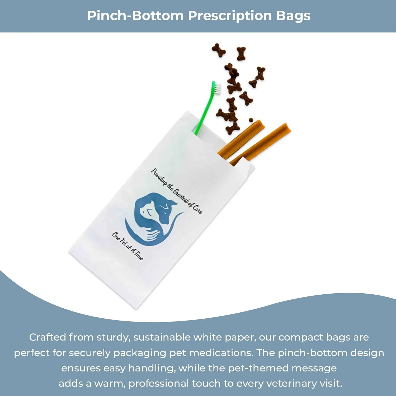Pet Themed White Paper Prescription Bag W/Stock Logo "Providing The Greatest Of Care One Pet At A Time" — Veterinary Dog & Cat Print Paper Bags — Rx Medical Pharmacy Bags, 100 Ct, Large, 5 X 2 X 10