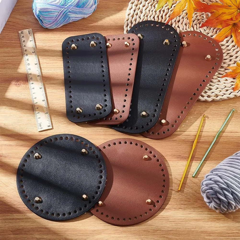 PH PandaHall 6pcs Leather Purse Bottom for Crochet, 3 Shapes Bag Bottoms PU Leather Knitting Crochet Bags Bottom Shaper Cushion Base with Holes for DIY Bag Shoulder Bags Purse Making, Black/Brown
