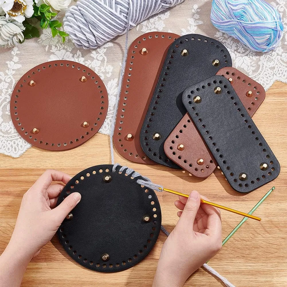 PH PandaHall 6pcs Leather Purse Bottom for Crochet, 3 Shapes Bag Bottoms PU Leather Knitting Crochet Bags Bottom Shaper Cushion Base with Holes for DIY Bag Shoulder Bags Purse Making, Black/Brown