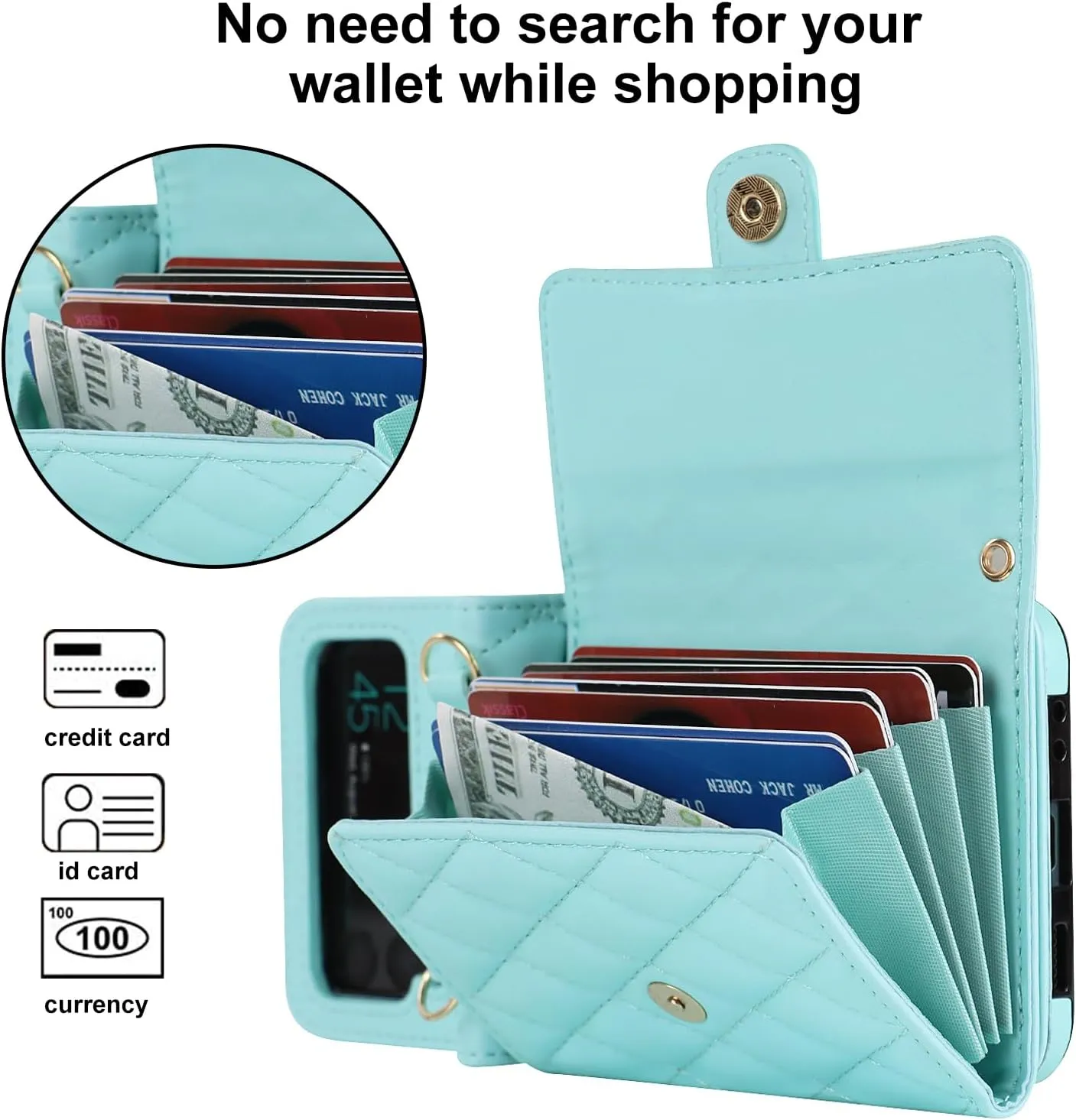 Phone Case for Samsung Galaxy Z Flip 3, Crossbody Wallet Phone Cover with Card Holders Cash Slot Wristlet Strap, Fashion Leather Handbag Flip 3 Phone Case for Women Girls (Green)