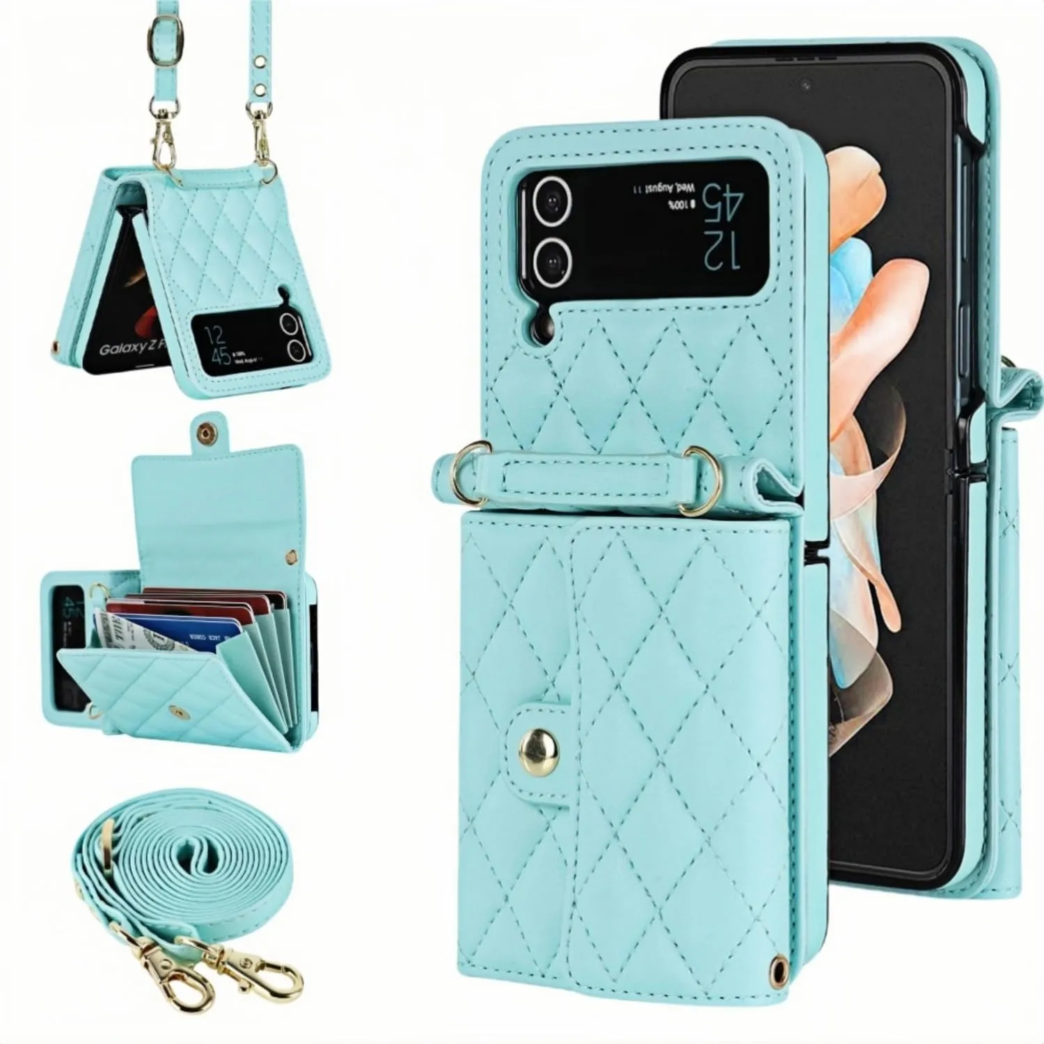 Phone Case for Samsung Galaxy Z Flip 3, Crossbody Wallet Phone Cover with Card Holders Cash Slot Wristlet Strap, Fashion Leather Handbag Flip 3 Phone Case for Women Girls (Green)