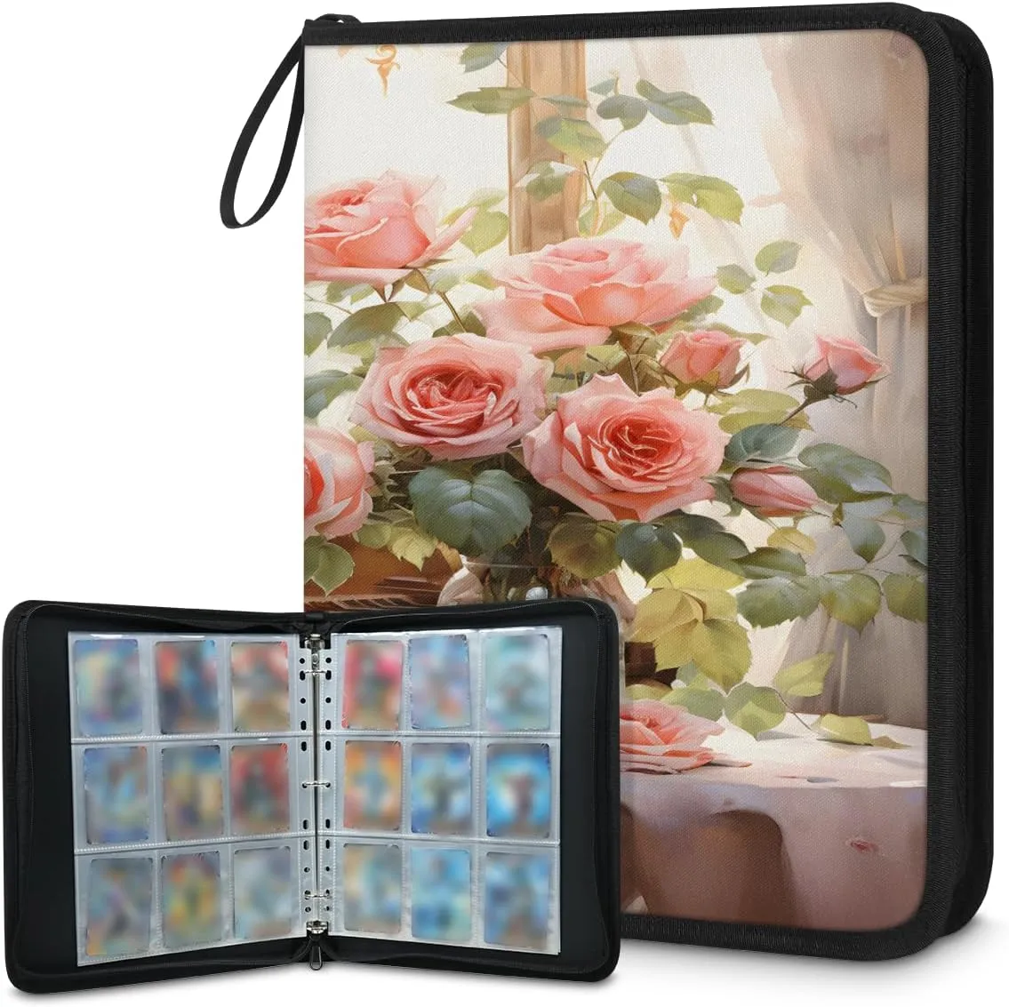 Piano Roses 3 Ring Trading Zipper Binder Strap, Trading Card Binder 9 Pocket, 900 Pockets Card Holder with 50 Removable Sleeves for Game Cards