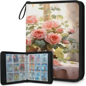 Piano Roses 3 Ring Trading Zipper Binder Strap, Trading Card Binder 9 Pocket, 900 Pockets Card Holder with 50 Removable Sleeves for Game Cards
