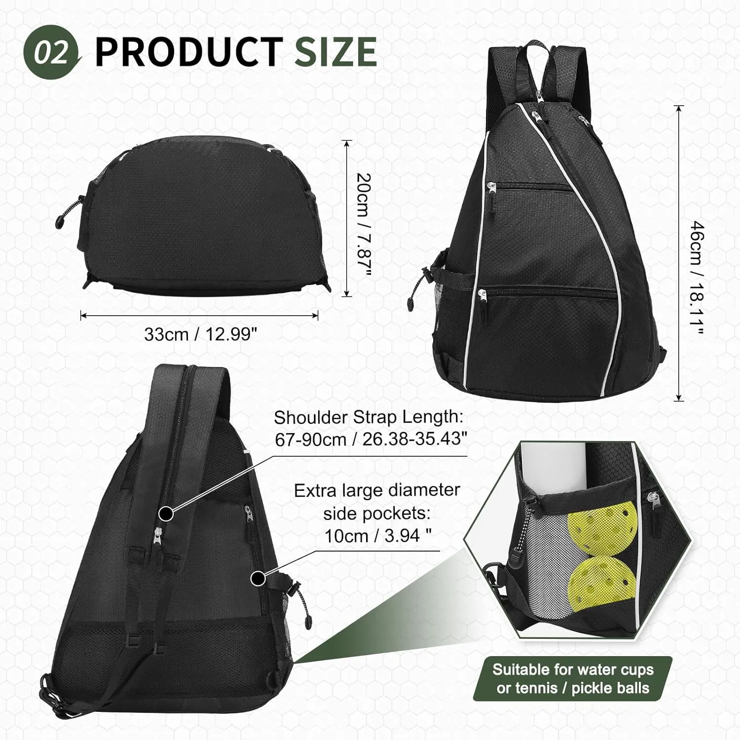 Pickleball Sling Bags 32L Convertible Reversible Paddle Rackets Bag Lightweight Casual Pack for Men Women Ladies (Black)