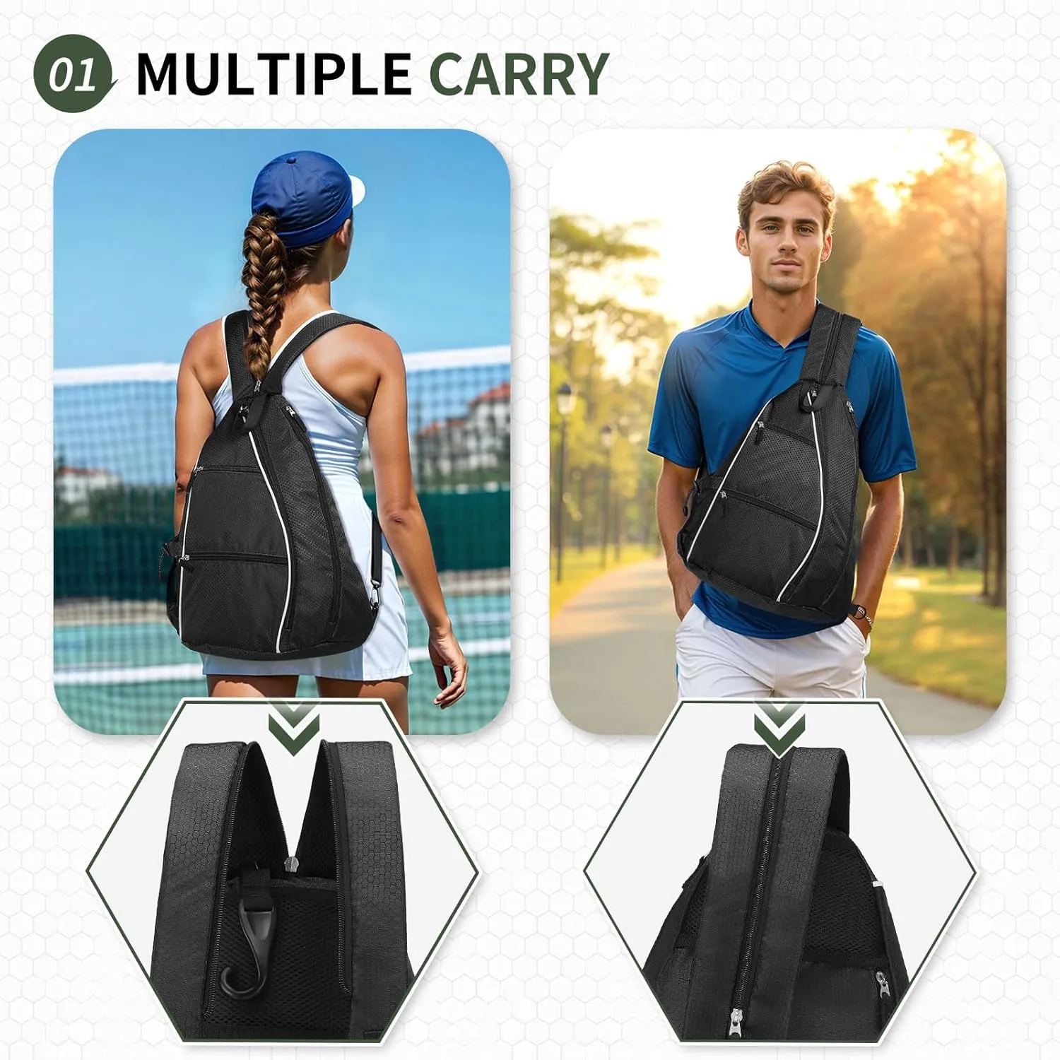 Pickleball Sling Bags 32L Convertible Reversible Paddle Rackets Bag Lightweight Casual Pack for Men Women Ladies (Black)