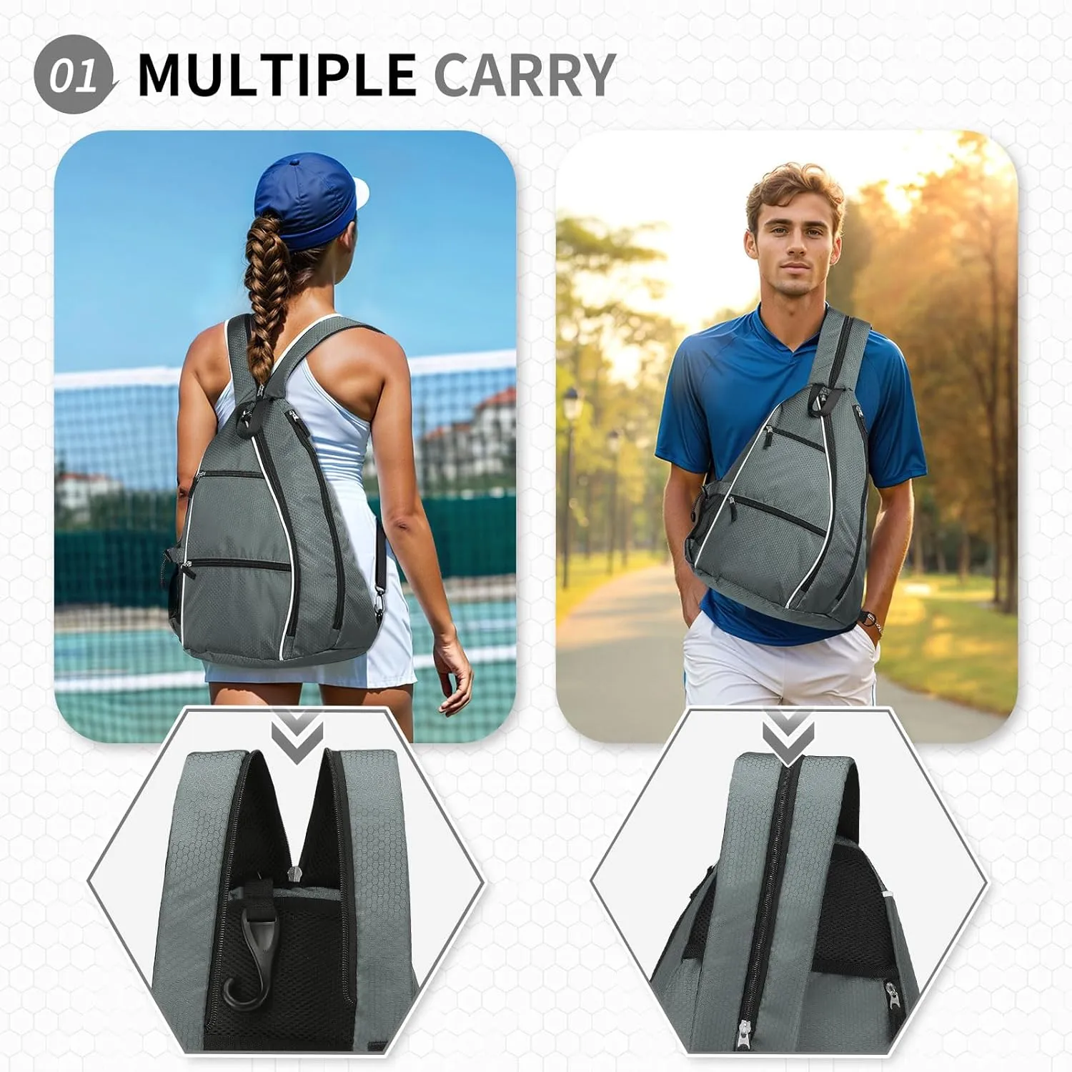 Pickleball Sling Bags 32L Convertible Reversible Paddle Rackets Bag Lightweight Casual Pack for Men Women Ladies (Grey)