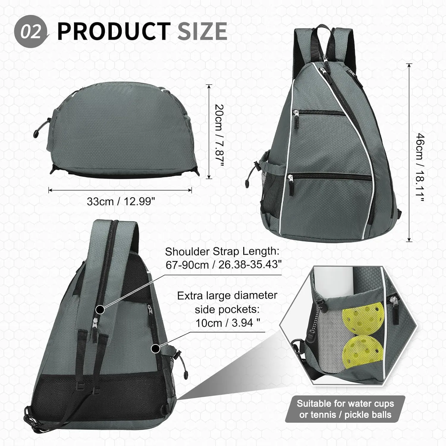 Pickleball Sling Bags 32L Convertible Reversible Paddle Rackets Bag Lightweight Casual Pack for Men Women Ladies (Grey)