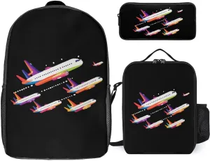 Pilot Commercial Passenger Airplanes 17 in Backpack 3 Piece Combination Backpack Lunch Bag Pencil Case Fashion Travel Daypack for Unisex