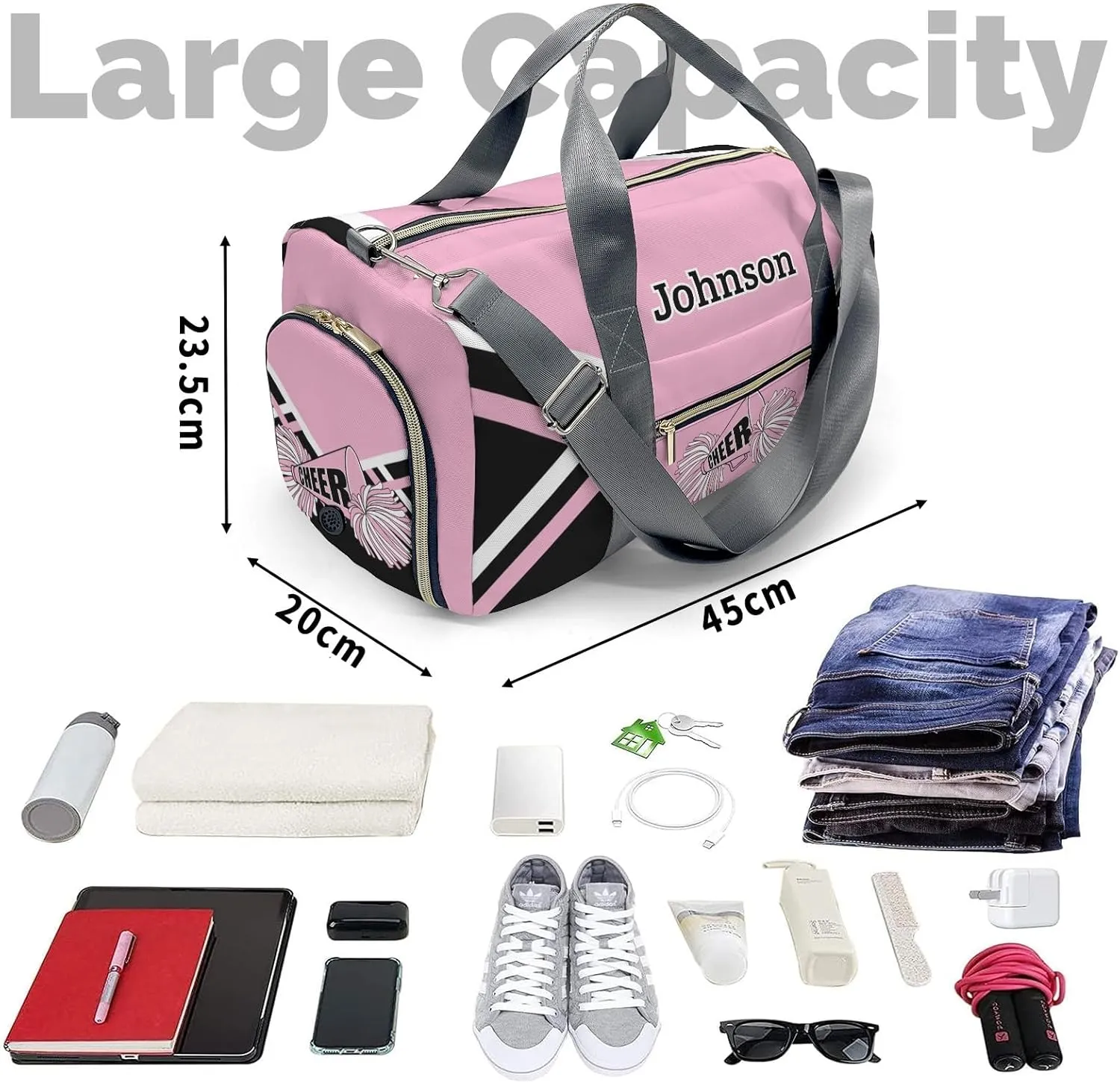 Pink Cheer Cheerleader Multifunction Sport Duffel Bag Gym Travel Perform Training Weekender Bags Getaway Bags