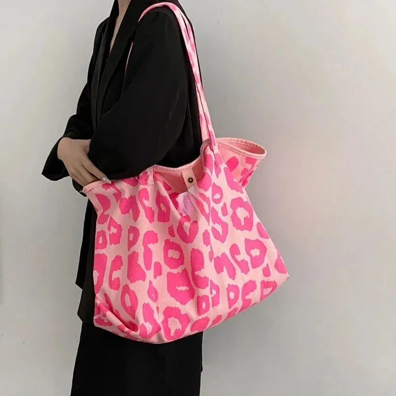 Pink Leopard Shoulder Bag Women's Large Capacity Casual Totes Ladies Cute Canvas Bags Bucket Handbag 2024 NEW