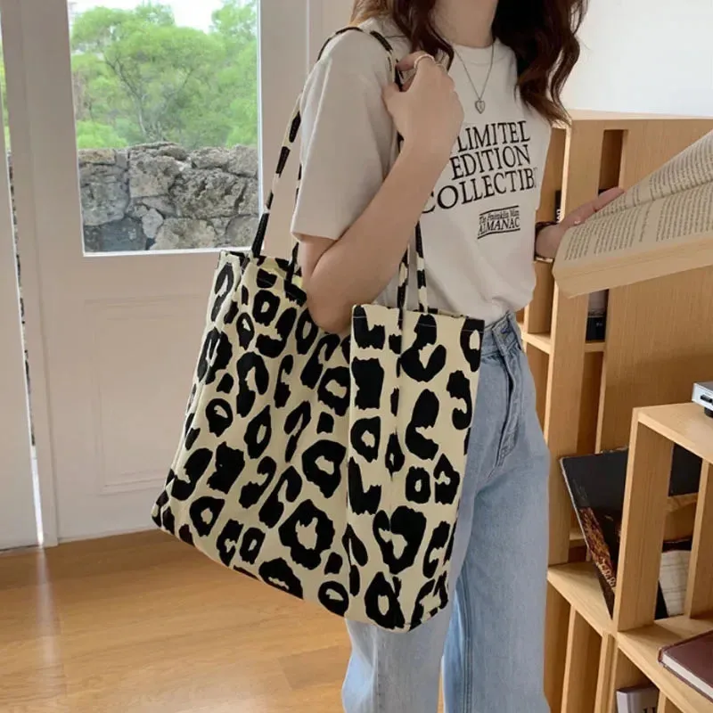 Pink Leopard Shoulder Bag Women's Large Capacity Casual Totes Ladies Cute Canvas Bags Bucket Handbag 2024 NEW