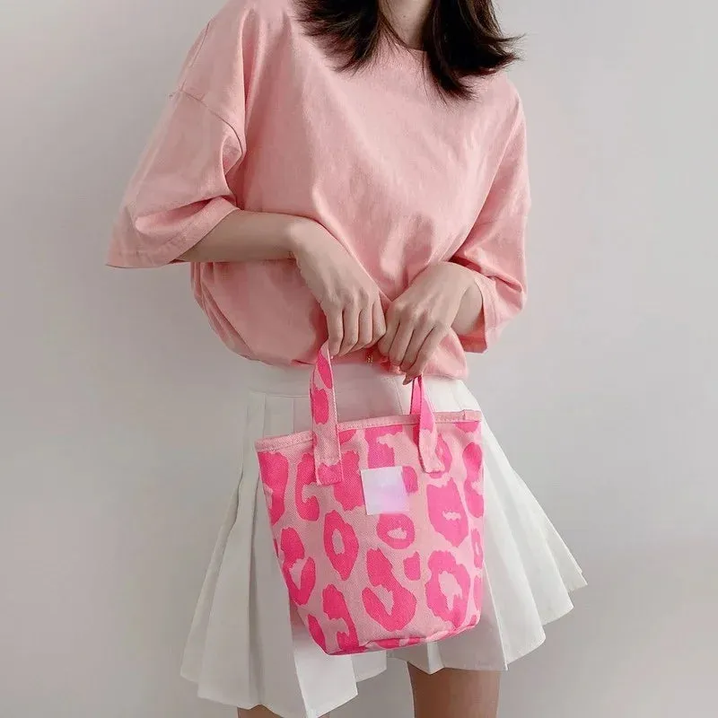 Pink Leopard Shoulder Bag Women's Large Capacity Casual Totes Ladies Cute Canvas Bags Bucket Handbag 2024 NEW
