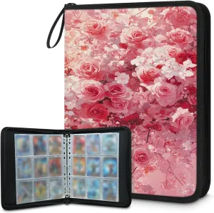 Pink Rose 3 Ring Trading Zipper Binder Strap, Trading Card Binder 9 Pocket, 900 Pockets Card Holder with 50 Removable Sleeves for Game Cards