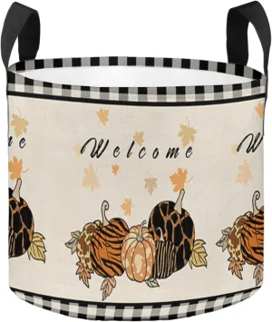 Plant Grow Bag Thanksgiving Fall Pumpkin Maple Leaf Check Tiger 10 Gallon Grow Bags,Fabric Breathable Garden Plant Pots with Handles,Farm Crop Retro Linen Flower Grow Bag for Tomato Vegetable Flower