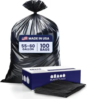 Plasticplace 55-60 Gallon Trash Bags, 1.2 Mil Heavy Duty Contractor Garbage Bags, Black Tear-Resistant Bags for Construction, Yard Waste, Industrial Use, Large 38” x 58” (100 Count)