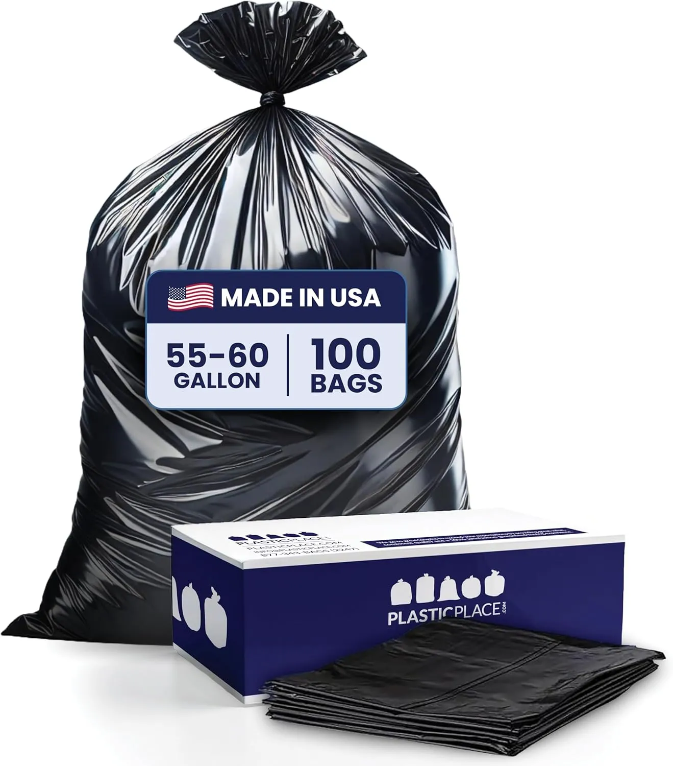 Plasticplace 55-60 Gallon Trash Bags, 1.2 Mil Heavy Duty Contractor Garbage Bags, Black Tear-Resistant Bags for Construction, Yard Waste, Industrial Use, Large 38” x 58” (100 Count)