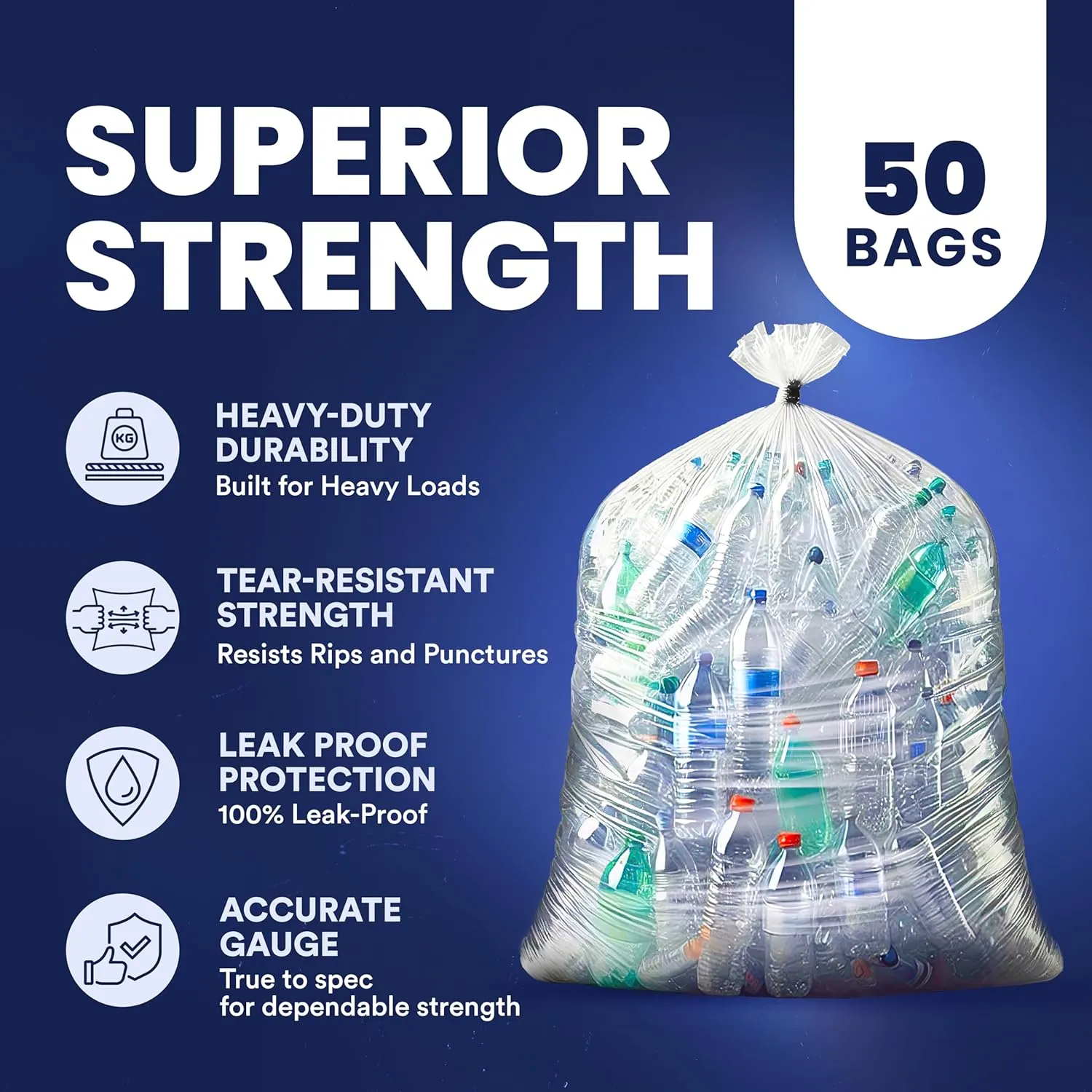 Plasticplace Trash Bags: Heavy-Duty 55-60 Gallon Can Liners (38"x58", 1.5 Mil) in Clear - Multiuse Garbage Bags, 50 Count Garbage Bags