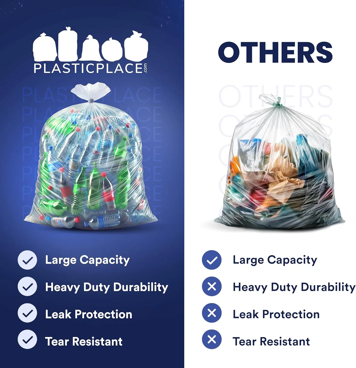 Plasticplace Trash Bags: Heavy-Duty 55-60 Gallon Can Liners (38"x58", 1.5 Mil) in Clear - Multiuse Garbage Bags, 50 Count Garbage Bags