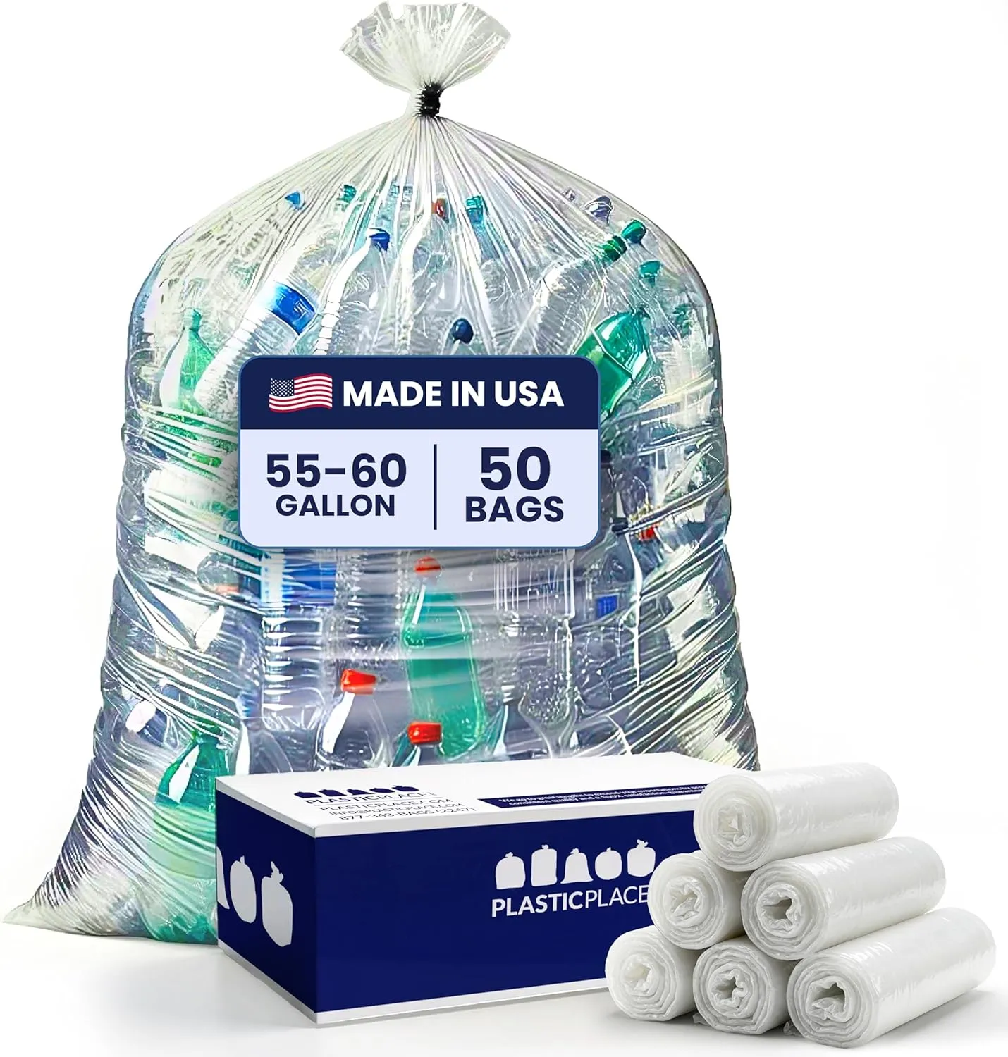 Plasticplace Trash Bags: Heavy-Duty 55-60 Gallon Can Liners (38"x58", 1.5 Mil) in Clear - Multiuse Garbage Bags, 50 Count Garbage Bags