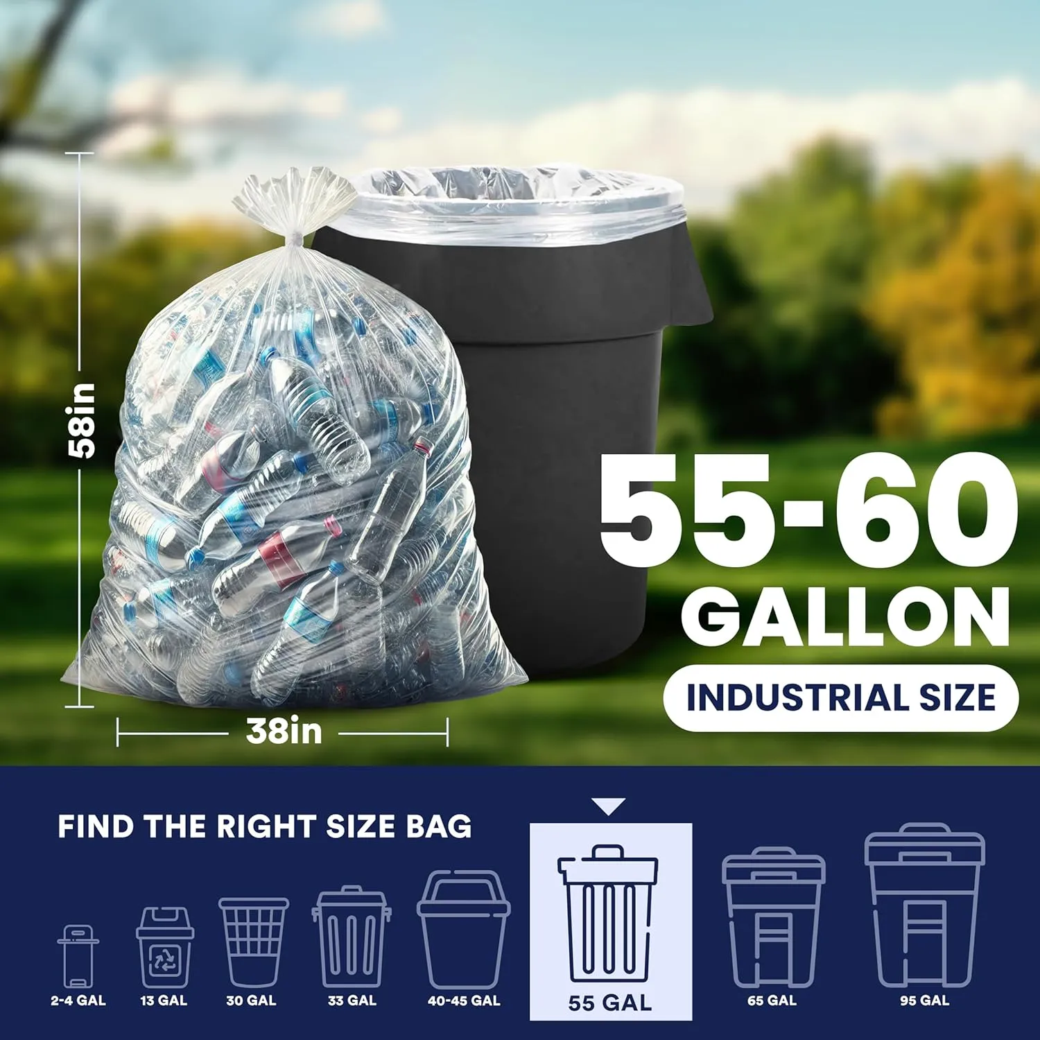 Plasticplace Trash Bags: Heavy-Duty 55-60 Gallon Can Liners (38"x58", 1.5 Mil) in Clear - Multiuse Garbage Bags, 50 Count Garbage Bags