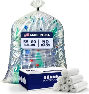 Plasticplace Trash Bags: Heavy-Duty 55-60 Gallon Can Liners (38"x58", 1.5 Mil) in Clear - Multiuse Garbage Bags, 50 Count Garbage Bags