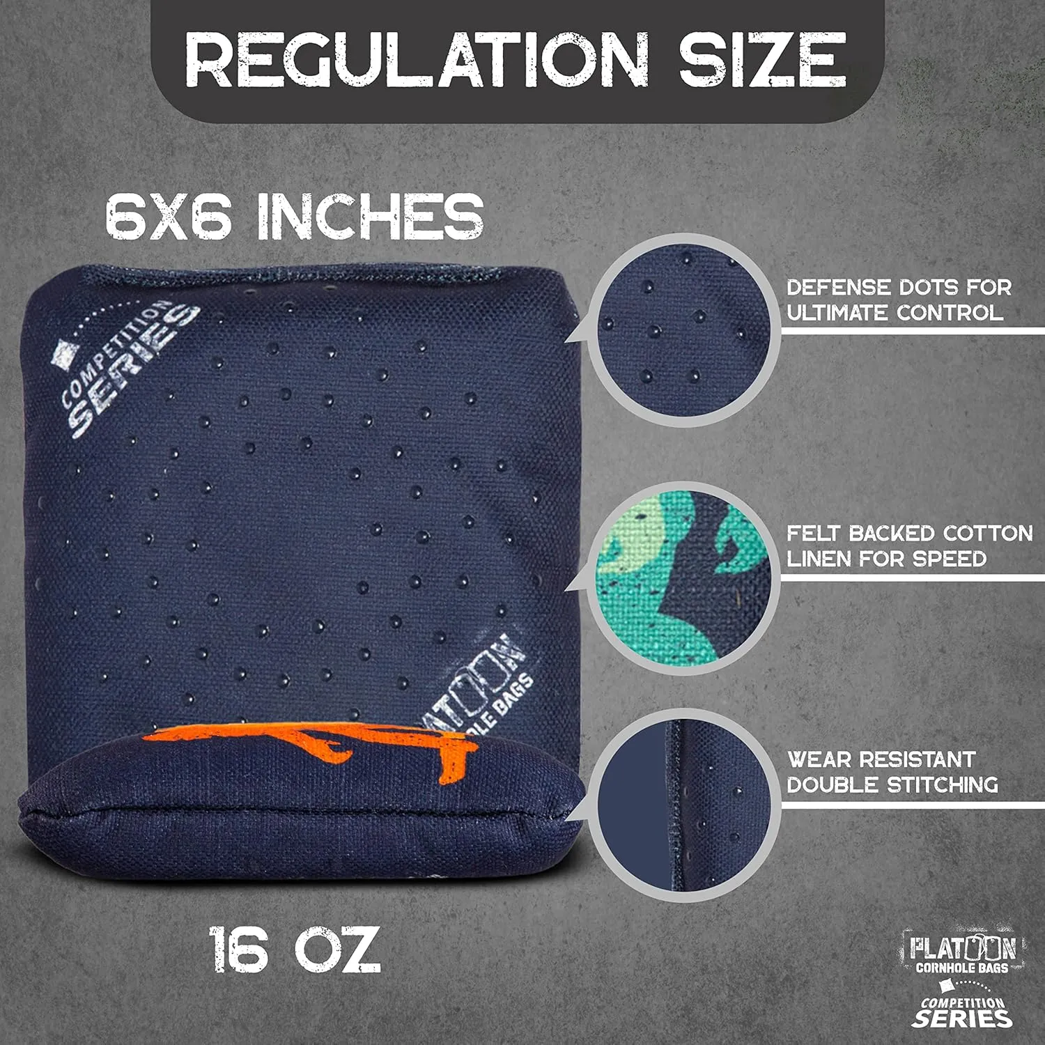 Play Platoon Competition Series Cornhole Bags Set of 8 Regulation Professional Weight Double Sided Slick and Stick with Rubber Sticky Dot Slow Side for Pro Corn Hole Bean Bag Toss Game-Designed in USA