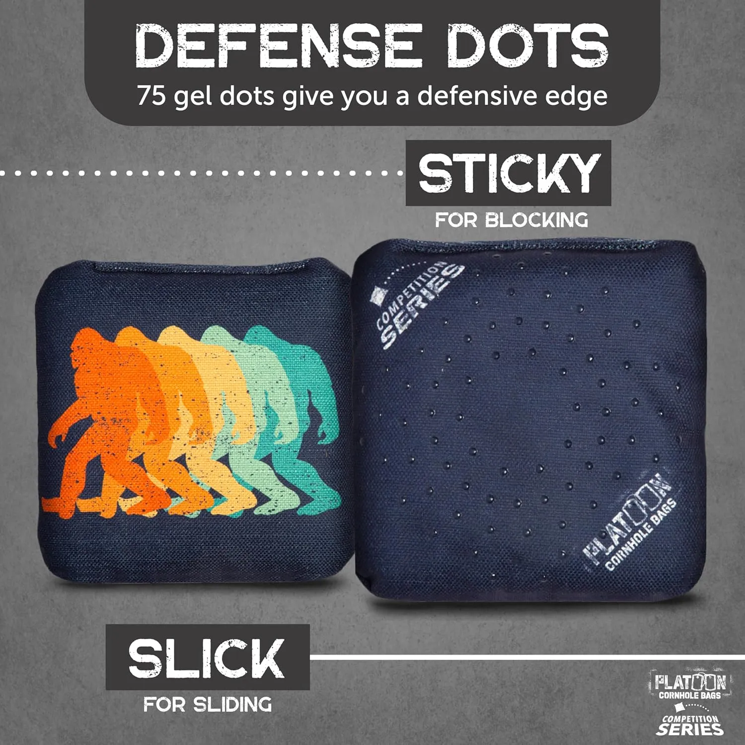 Play Platoon Competition Series Cornhole Bags Set of 8 Regulation Professional Weight Double Sided Slick and Stick with Rubber Sticky Dot Slow Side for Pro Corn Hole Bean Bag Toss Game-Designed in USA