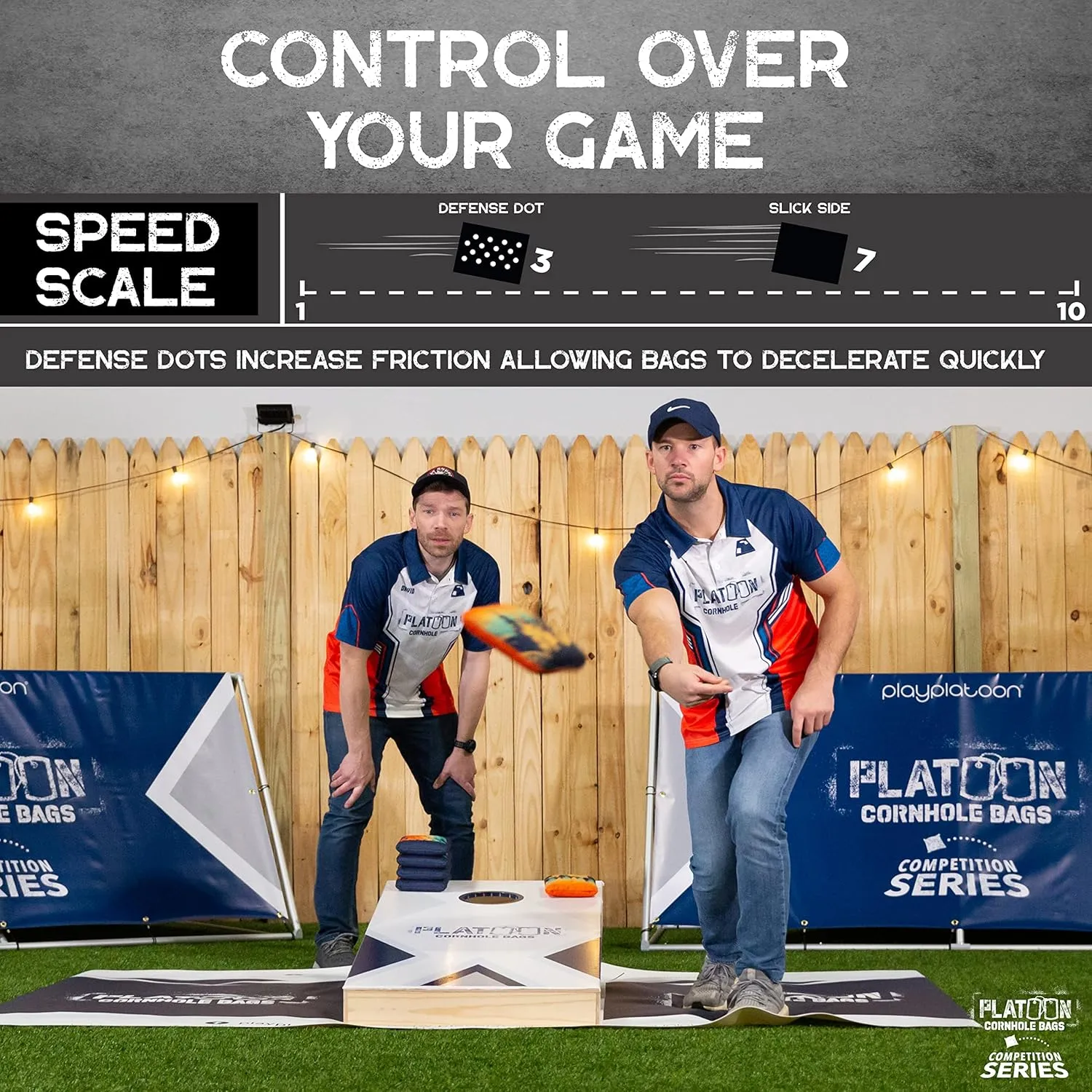 Play Platoon Competition Series Cornhole Bags Set of 8 Regulation Professional Weight Double Sided Slick and Stick with Rubber Sticky Dot Slow Side for Pro Corn Hole Bean Bag Toss Game-Designed in USA