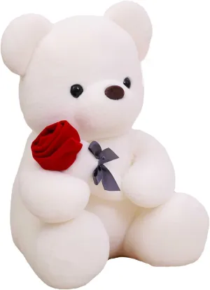 Plush Teddy Bear with Rose Stuffed Animals Toys Dolls Valentine's Day Gifts for Girls Girlfriend Lover 9 Inches (White)