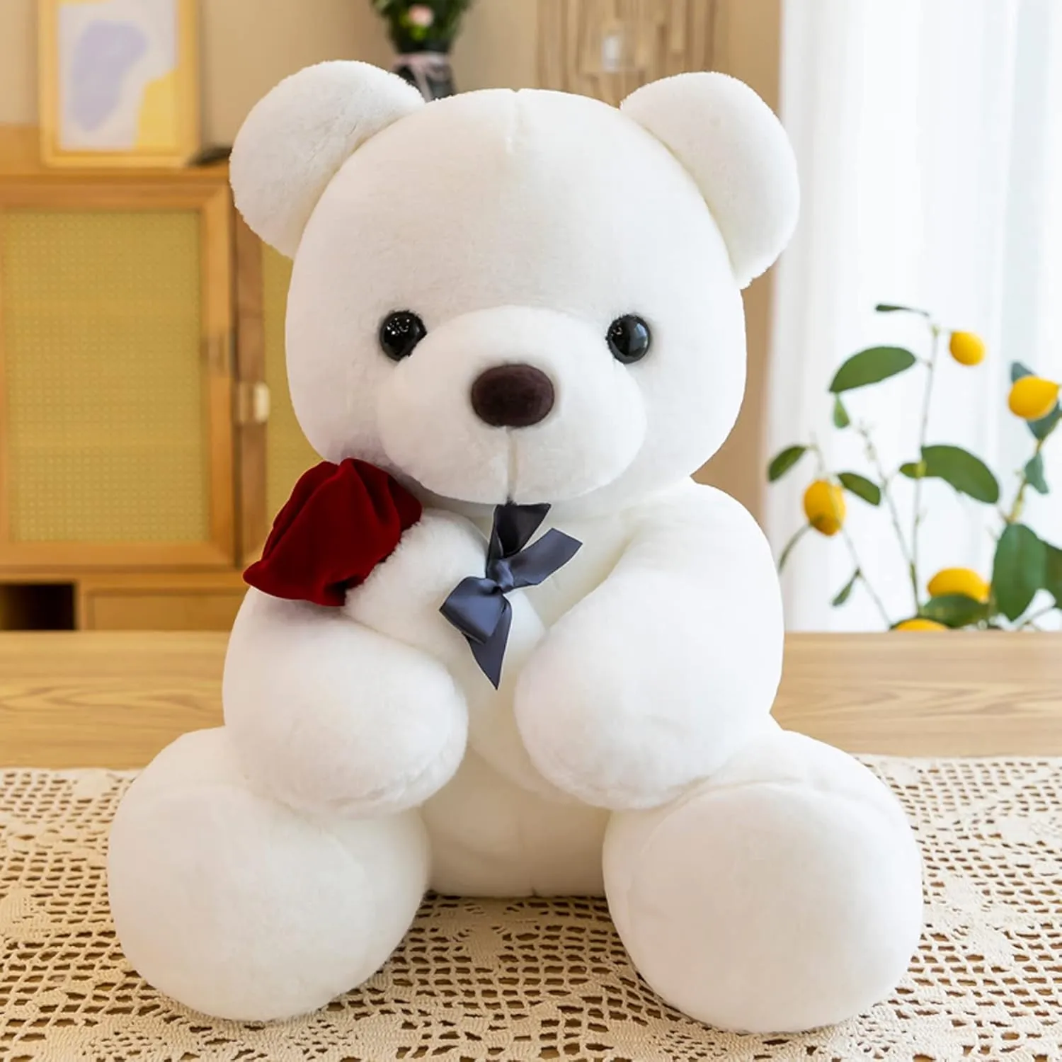 Plush Teddy Bear with Rose Stuffed Animals Toys Dolls Valentine's Day Gifts for Girls Girlfriend Lover 9 Inches (White)