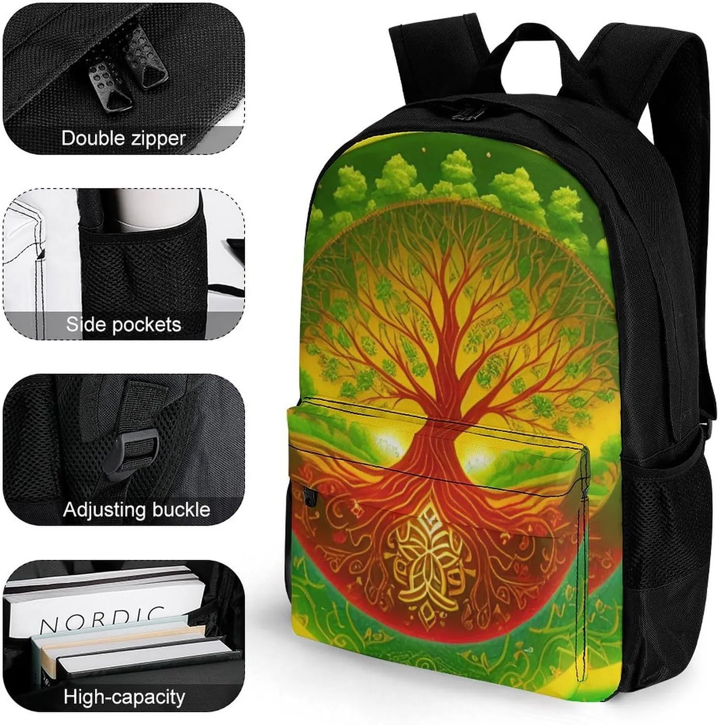 Polyester Daypack Backpack for Trekking Picnic Walking Cycling - Large Capacity Anti-Theft Multipurpose Shoulder Bag, Green Tree Of Life Fantasy Art Casual Daypack