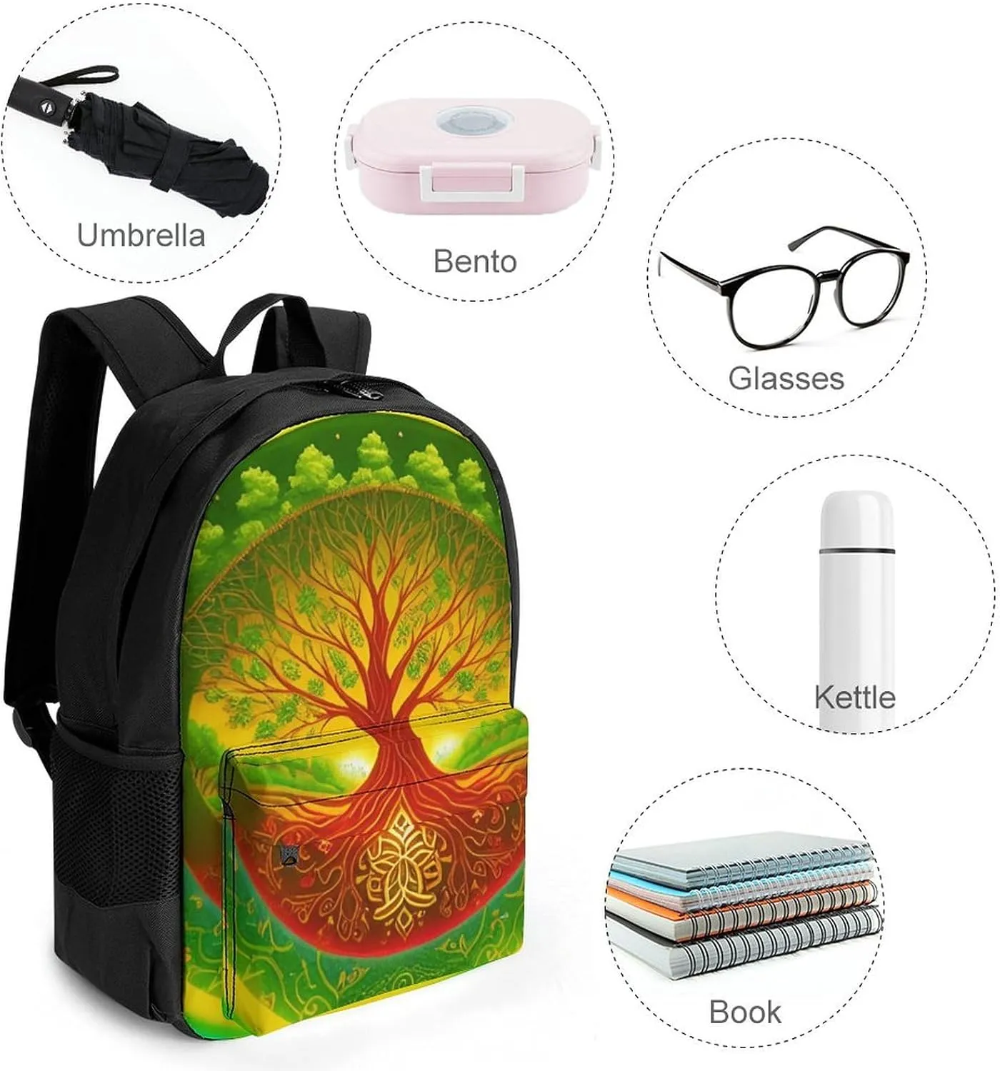 Polyester Daypack Backpack for Trekking Picnic Walking Cycling - Large Capacity Anti-Theft Multipurpose Shoulder Bag, Green Tree Of Life Fantasy Art Casual Daypack