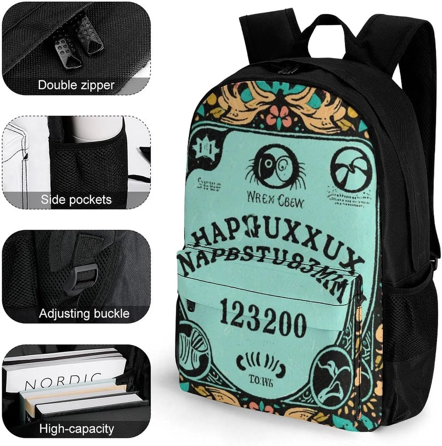 Polyester Daypack Backpack for Trekking Picnic Walking Cycling - Large Capacity Anti-Theft Multipurpose Shoulder Bag, Magic Spirit Board Witch Art Casual Daypack