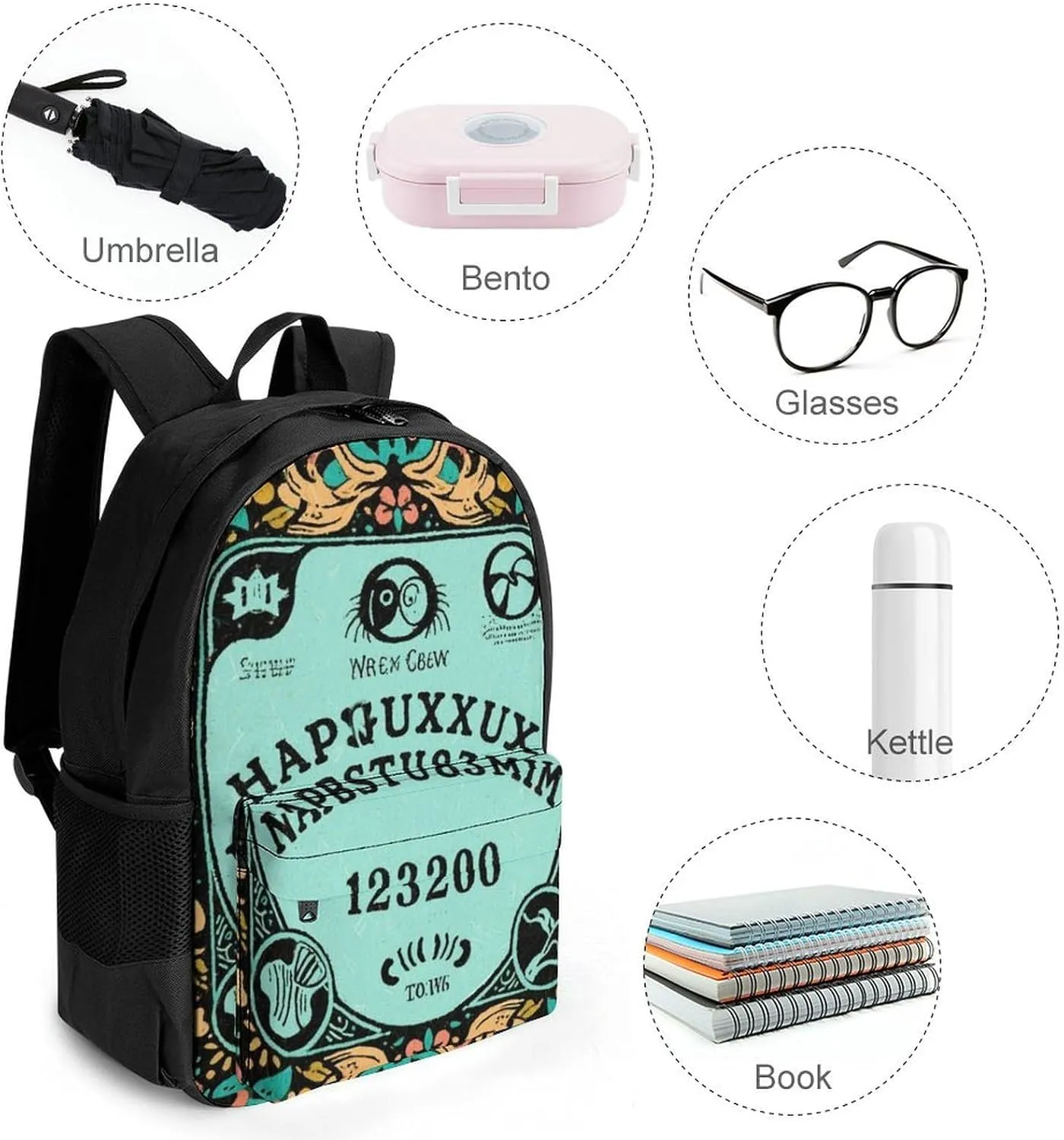 Polyester Daypack Backpack for Trekking Picnic Walking Cycling - Large Capacity Anti-Theft Multipurpose Shoulder Bag, Magic Spirit Board Witch Art Casual Daypack