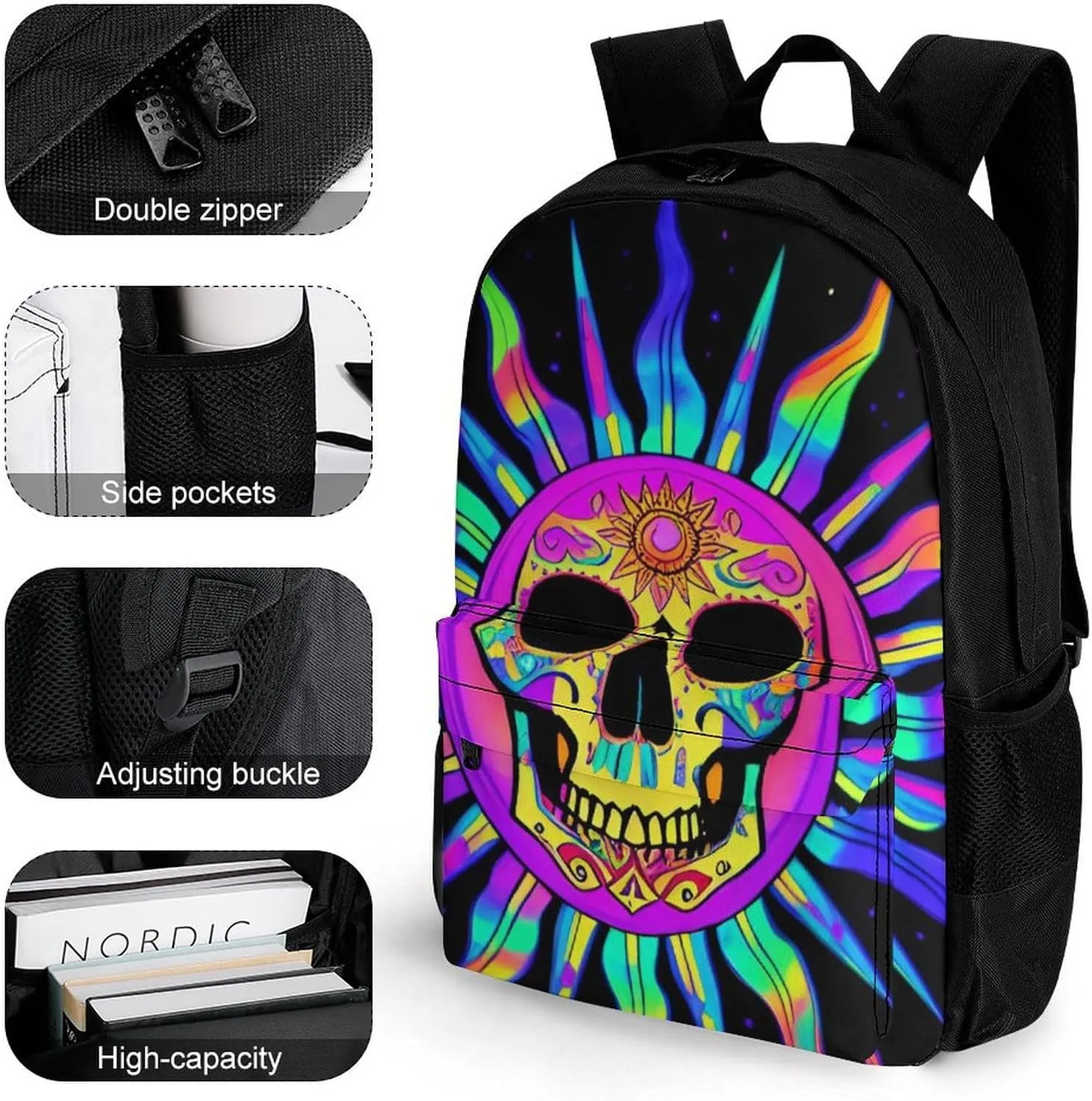 Polyester Daypack Backpack for Trekking Picnic Walking Cycling - Large Capacity Anti-Theft Multipurpose Shoulder Bag, Psychedelic Skull Sun Art Casual Daypack