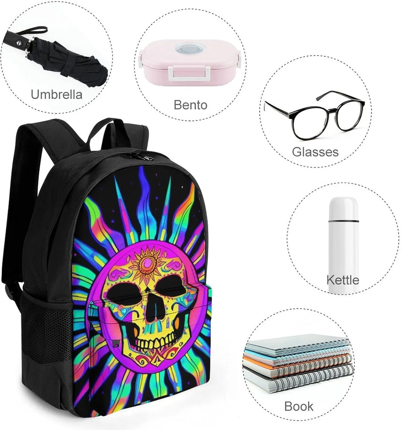 Polyester Daypack Backpack for Trekking Picnic Walking Cycling - Large Capacity Anti-Theft Multipurpose Shoulder Bag, Psychedelic Skull Sun Art Casual Daypack