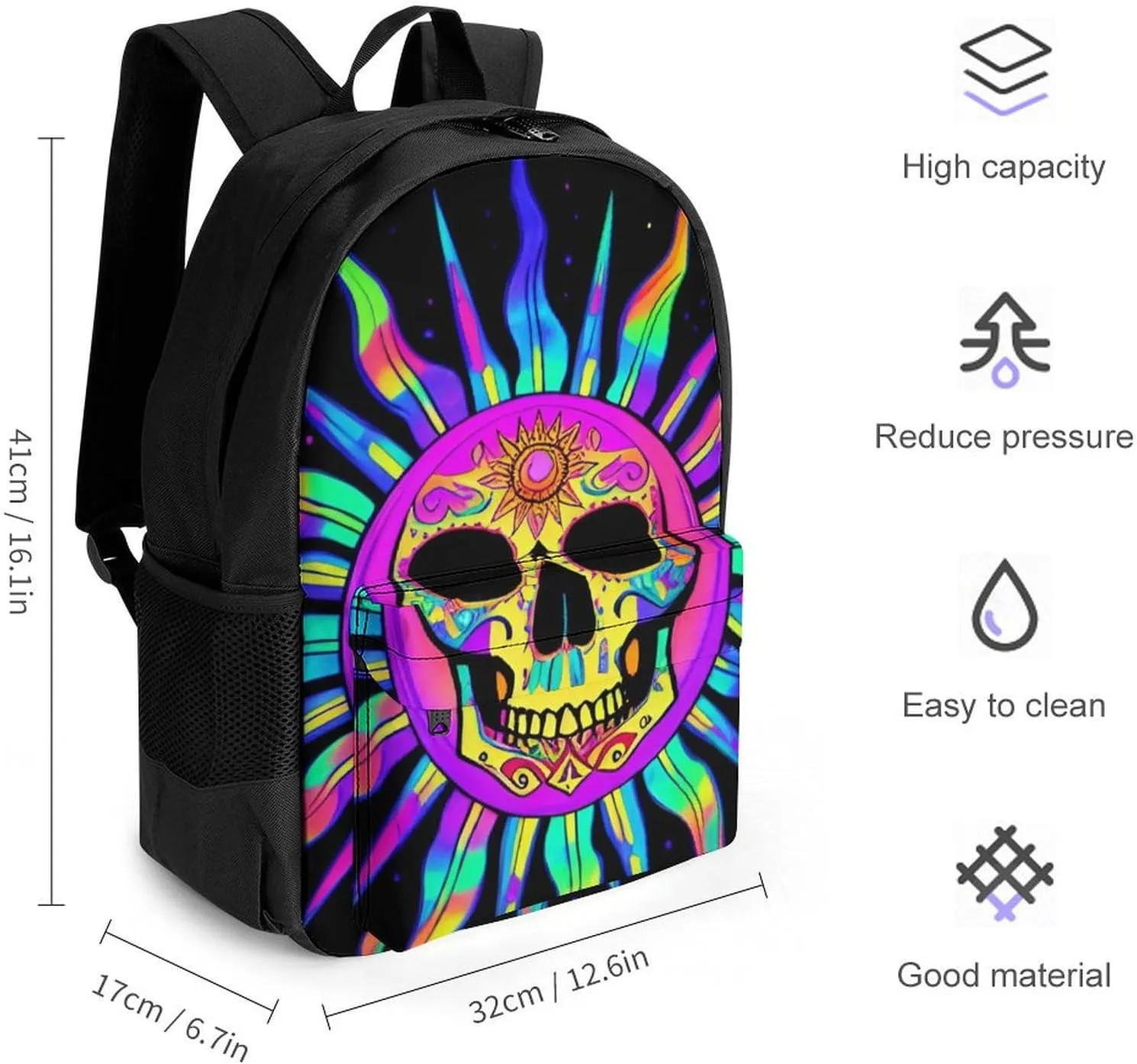 Polyester Daypack Backpack for Trekking Picnic Walking Cycling - Large Capacity Anti-Theft Multipurpose Shoulder Bag, Psychedelic Skull Sun Art Casual Daypack