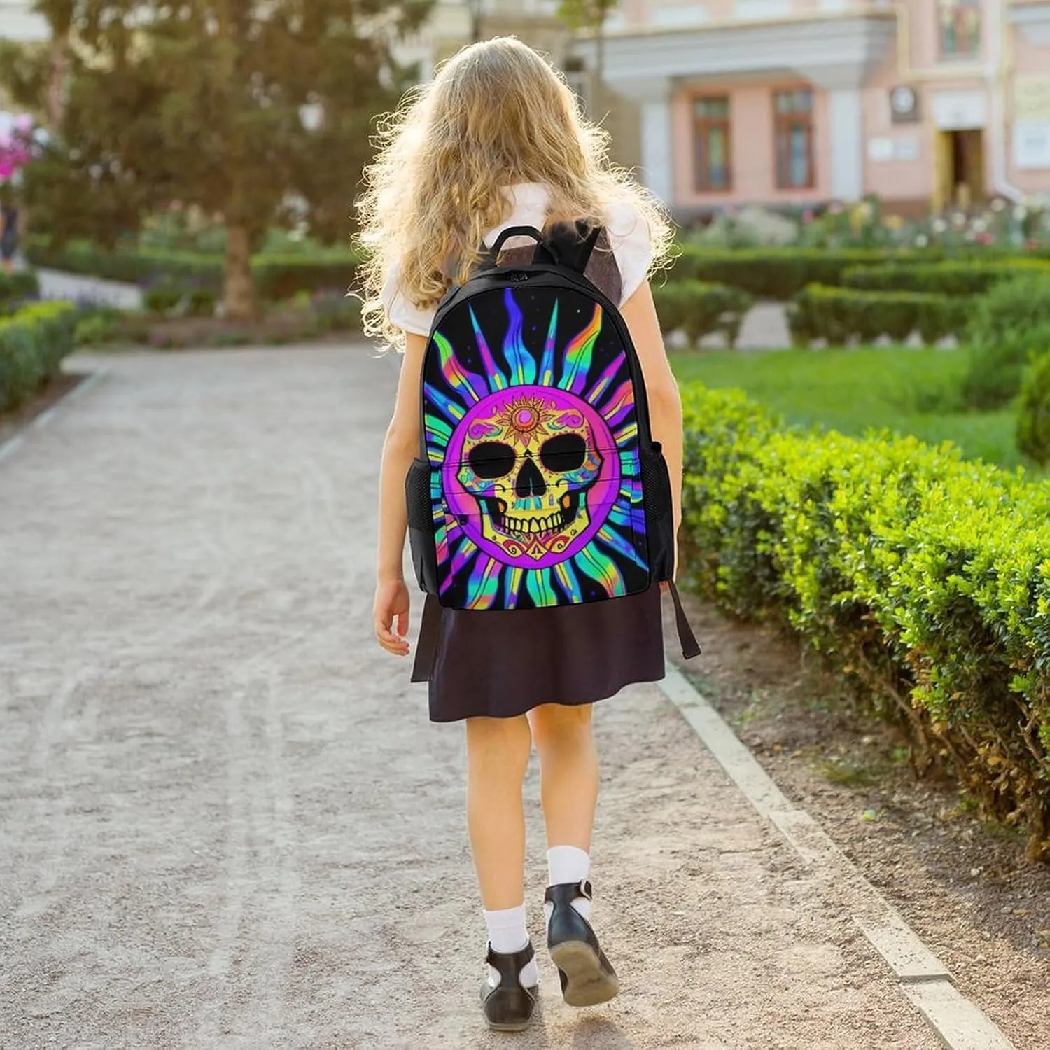Polyester Daypack Backpack for Trekking Picnic Walking Cycling - Large Capacity Anti-Theft Multipurpose Shoulder Bag, Psychedelic Skull Sun Art Casual Daypack