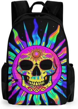 Polyester Daypack Backpack for Trekking Picnic Walking Cycling - Large Capacity Anti-Theft Multipurpose Shoulder Bag, Psychedelic Skull Sun Art Casual Daypack