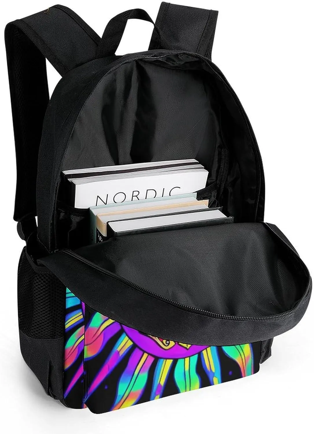 Polyester Daypack Backpack for Trekking Picnic Walking Cycling - Large Capacity Anti-Theft Multipurpose Shoulder Bag, Psychedelic Skull Sun Art Casual Daypack