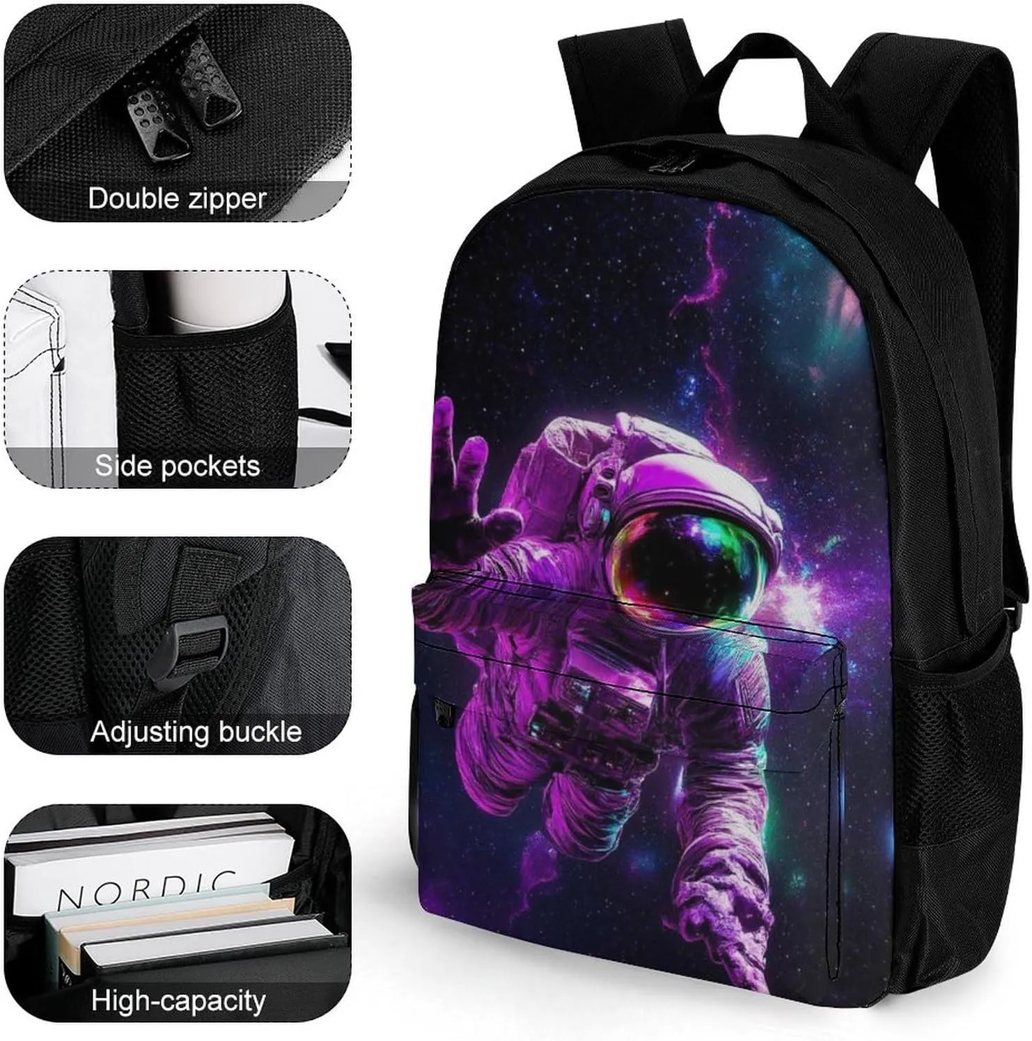 Polyester Daypack Backpack for Trekking Picnic Walking Cycling - Large Capacity Anti-Theft Multipurpose Shoulder Bag, Space Purple Galaxy Trippy Astronaut Art Casual Daypack