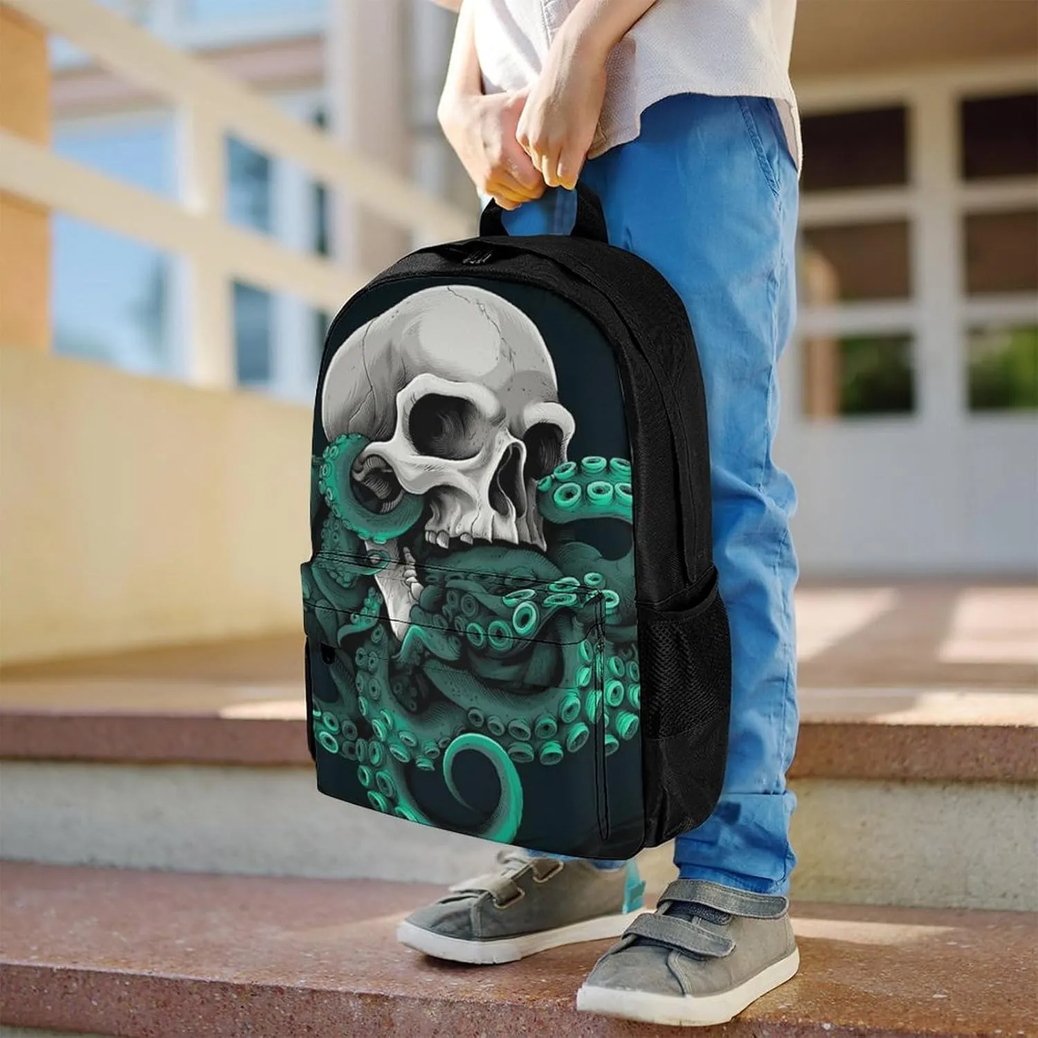 Polyester Daypack Bookbag for Gym Business Bicycle - Large Capacity Multipurpose Anti-Theft Carry On Bag, Skull Octopus Art Travel Hiking Daypack