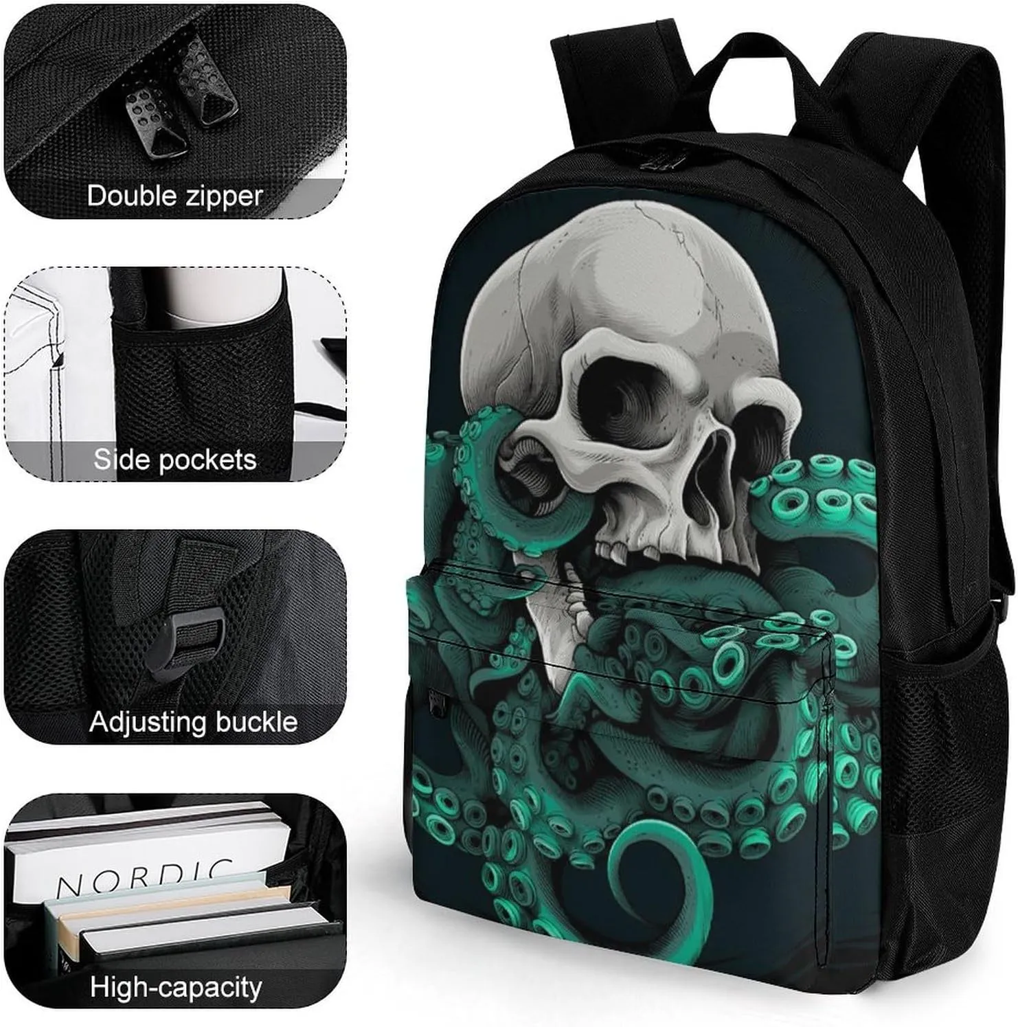 Polyester Daypack Bookbag for Gym Business Bicycle - Large Capacity Multipurpose Anti-Theft Carry On Bag, Skull Octopus Art Travel Hiking Daypack