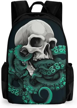 Polyester Daypack Bookbag for Gym Business Bicycle - Large Capacity Multipurpose Anti-Theft Carry On Bag, Skull Octopus Art Travel Hiking Daypack