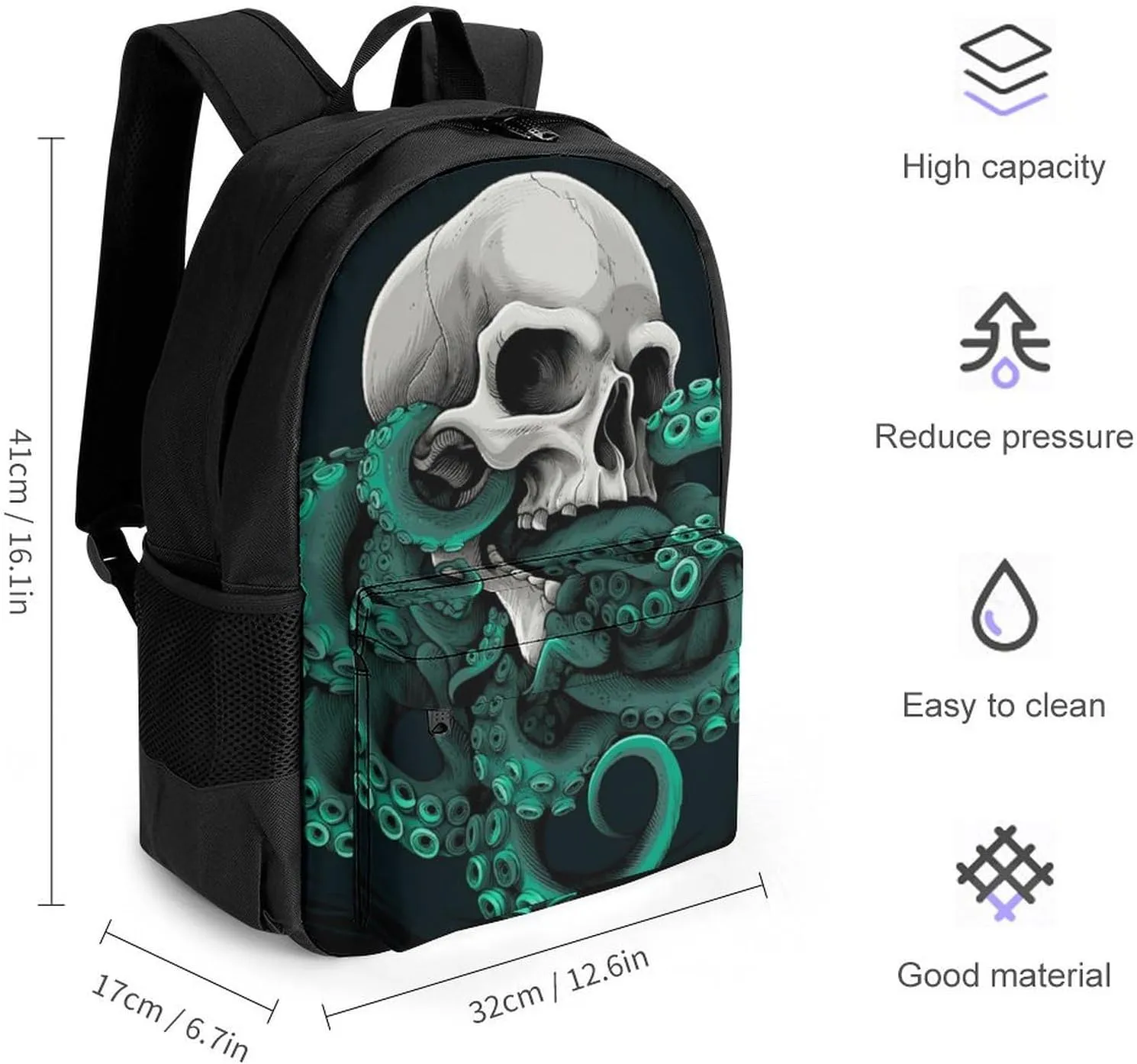 Polyester Daypack Bookbag for Gym Business Bicycle - Large Capacity Multipurpose Anti-Theft Carry On Bag, Skull Octopus Art Travel Hiking Daypack
