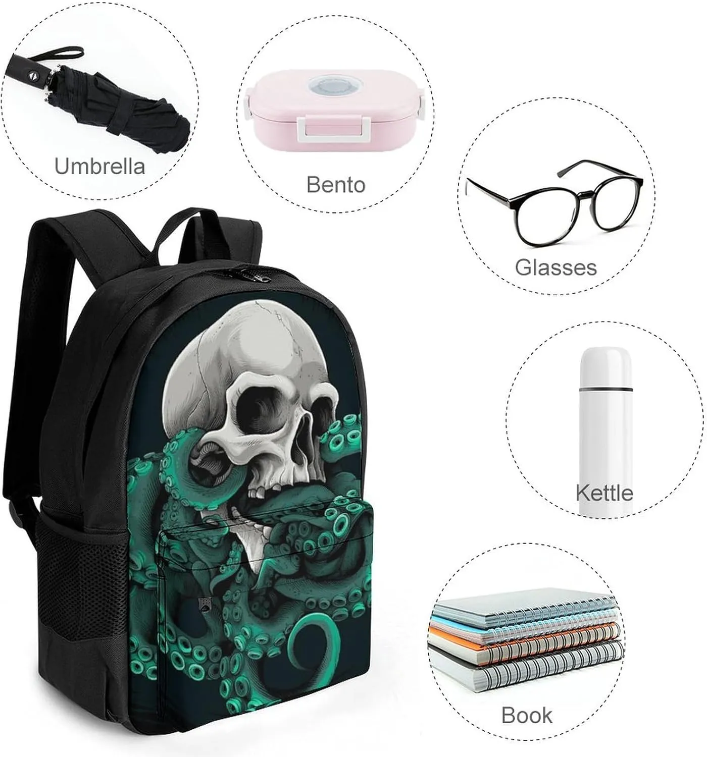 Polyester Daypack Bookbag for Gym Business Bicycle - Large Capacity Multipurpose Anti-Theft Carry On Bag, Skull Octopus Art Travel Hiking Daypack