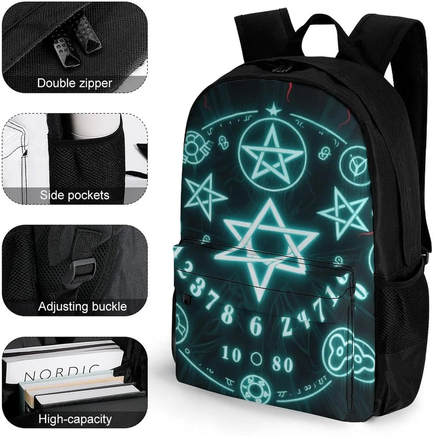 Polyester Daypack for Camping Travel Walking Cycling - Big Capacity Anti-Theft Multipurpose Bookbag, Magic Spirit Board Star Art Camping Outdoor Backpack