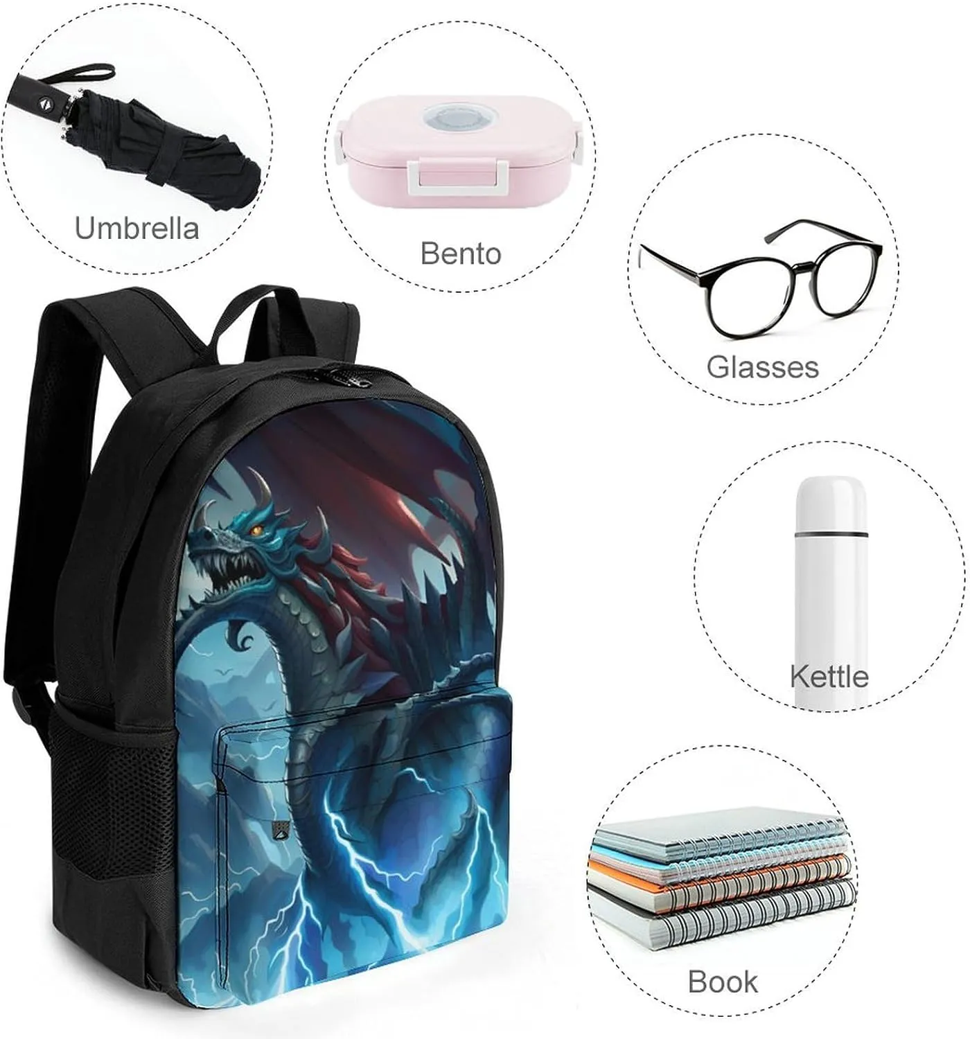 Polyester Daypack for Hiking Work Running - Big Capacity Anti-Theft Multipurpose Shoulder Bag, Thunder Dragon Blue Lightning Art Travel and Sport Backpack Rucksack