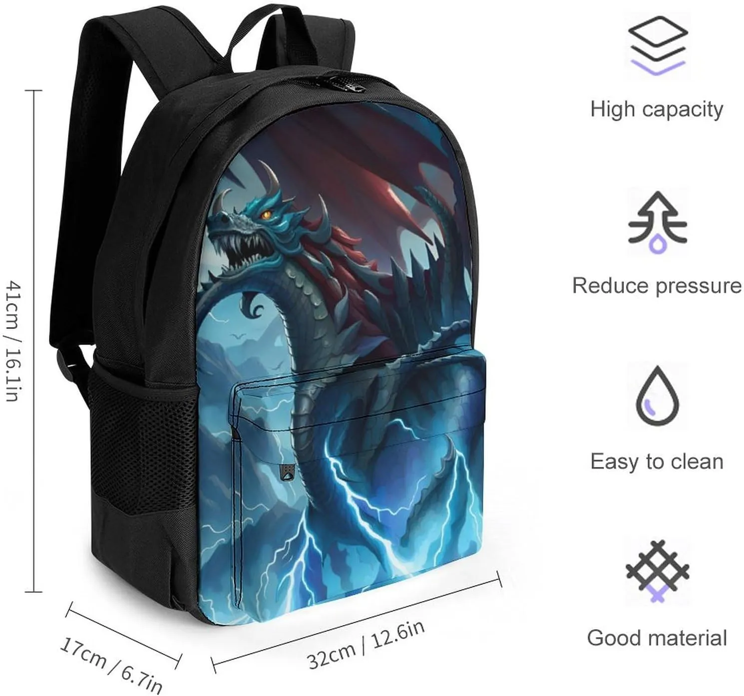 Polyester Daypack for Hiking Work Running - Big Capacity Anti-Theft Multipurpose Shoulder Bag, Thunder Dragon Blue Lightning Art Travel and Sport Backpack Rucksack