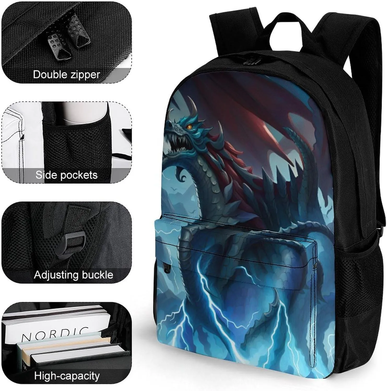 Polyester Daypack for Hiking Work Running - Big Capacity Anti-Theft Multipurpose Shoulder Bag, Thunder Dragon Blue Lightning Art Travel and Sport Backpack Rucksack